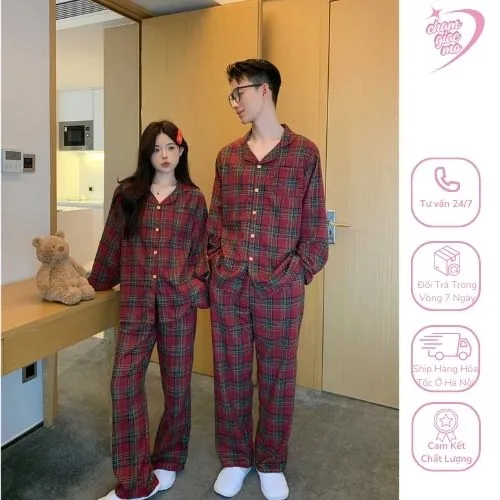 Đồ ngủ đôi dài tay chất cotton dạ hoạ tiết kẻ caro đỏ basic thoải mái