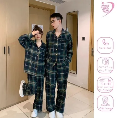 Đồ ngủ đôi dài tay kẻ caro xanh chất cotton