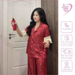 Bộ Pyjama Lụa Đỏ Chấm Bi